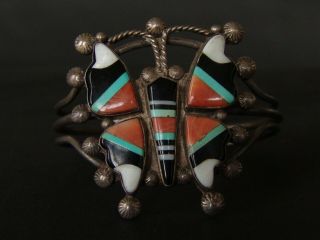 Rare Vintage Zuni Silver Stone On Stone Inlay Butterfly Bracelet