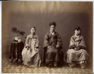 Rare High Court Korean Official W Women,  Korea Early Albumen Photograph 1880s