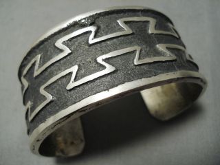Magnificent 90 Gram Raised Geomtric Native American Sterling Silver Bracelet