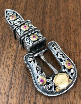 Vtg Engraved Sterling Silver Gold & Ruby 4 Piece Set Western Ranger Belt Buckle