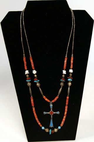 Santo Domingo Multistone Silver Cross With Coral And Turquoise Necklace 22 "