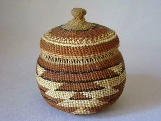 Old Miniature American Indian Northern California Hupa Lidded Basket,  Geometric