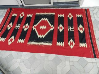Antique Red Native American Blanket With Whirling Logs,  55 " X102 "