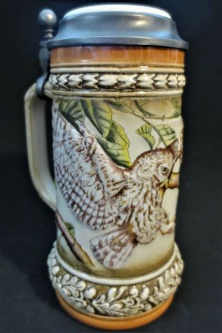 Vintage Gerz Gerzit German Embossed Stoneware Lidded Beer Stein - Owls