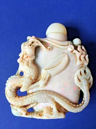 Vintage Chinese Hand Carved Opal Stone Snuff Bottle Dragon Motif 2