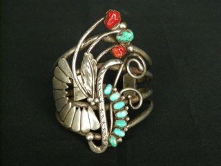 Signed Very Vintage Sterling Turquoise & Coral Cuff Bracelet - 78 Grams