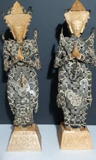 Vintage Pair Indonesia Balinese Chinese Coin Statue Carved Wood Face & Hands 15 "