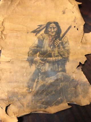 Rare Geronimo Painting On Leather Hide Early 1900s Native American
