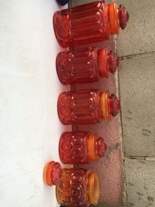 Set Of 4 Vintage L.  E.  Smith Amberina Red/orange Glass Canisters W/lids