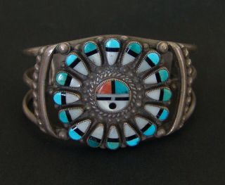 Vintage Zuni Silver Stone On Stone Inlay Sun Face Bracelet