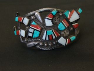 Large Vintage Zuni Silver Stone On Stone Inlay Rainbow Man Bracelet