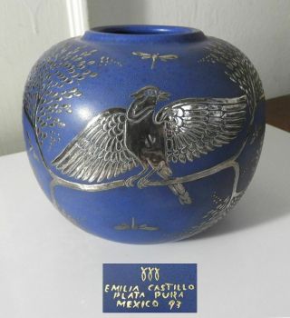 Emilia Castillo Silver Overlay Pottery Vase - Birds,  Trees,  Dragonflies