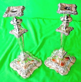 Large Old Antique Rococo Silver Plate On Copper Candlesticks