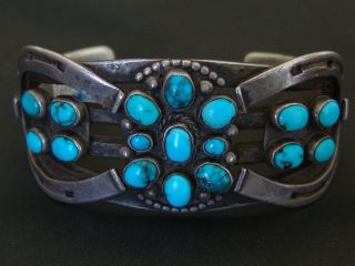 Large Vintage Navajo Silver And Turquoise Hand Stamped Horse Shoe Bracelet