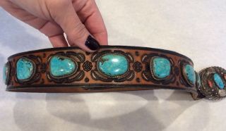 Rare 20th Century Navajo Turquoise Silver Leather Custom Belt & Buckle Signed