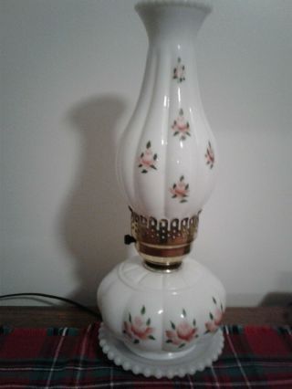 Vintage Hurricane Lamp White Milk Glass Hob Nail Floral 16 " Tall