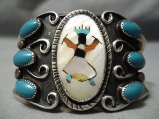 Huge Vintage Navajo Dancing Kachina Turquoise Sterling Silver Bracelet Old