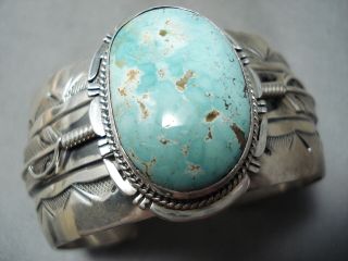 Very Detailed Vintage Navajo 8 Turquoise Sterling Silver Feather Bracelet