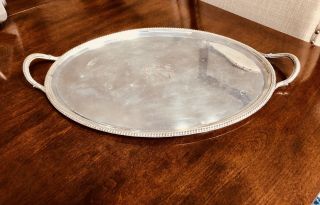 Antique Silver Plate W/crest On Copper Oval Tray W/handles England 23.  5” Gadroon