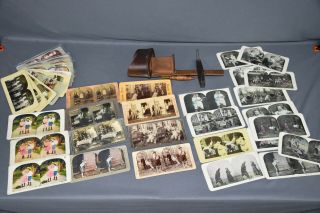 Antique 1890 ' s All Wood Stereoscope Viewer with 35 stereoview photo cards 2