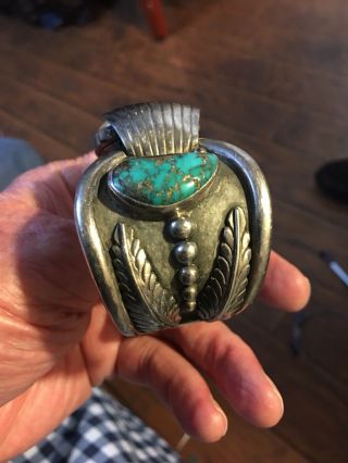 Native American Turquoise Sterling Silver Cuff Watch Bracelet Signed S.  Chavez