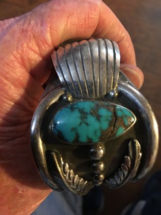 Native American Turquoise Sterling Silver Cuff Watch Bracelet Signed S.  CHAVEZ 2