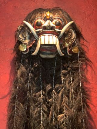 Indonesian Bali " Rangda " Carved Wood,  Hand Painted,  Tribal Mask With Long Hair