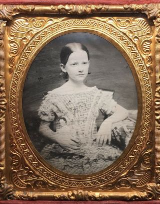 1/6 Plate Ambrotype - Very Pretty Redhead Holding A China Head Doll - Full Case