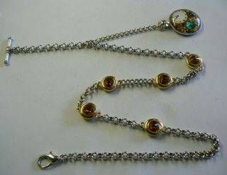 Unusual Belcher Silver Plated Pocket Watch Chain With Glass Fobs T - Bar & Lock