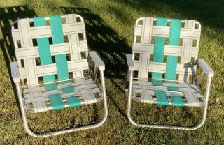 2 Vintage Aluminum Folding Webbed Low Profile Beach Lawn Chair Retro Sunbeam