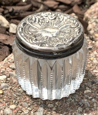 Antique Repousse Sterling Silver & Cut Crystal Dresser Vanity Powder Jar: