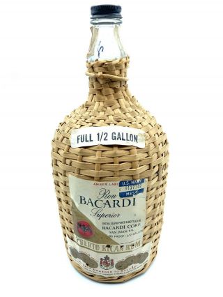 Vintage Ron Bacardi Amber Label 1/2 Gal Rum Bottle Woven Wicker Us Navy Mess