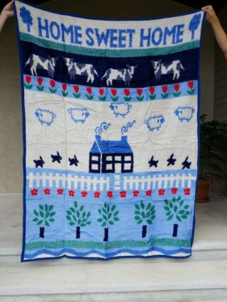 Vintage Vuteks Crown Craft Acrylic Throw Blanket Home Sweet Home Sheep cow bunny 2