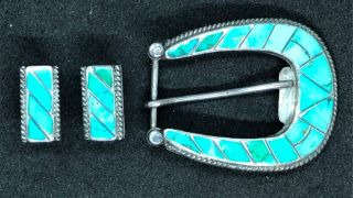 Vintage Native American Sterling Silver And Turquoise Inlay Belt Buckle