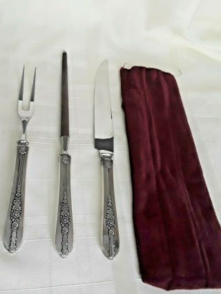3pc Oneida Nobility Royal Rose Carving Set Silver Plate Flatware W Tarnish Pouch