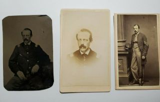 3 Diff Tintype & Cdv Photos Of Same Soldier From Sgt To Captain? Civil War? Nr