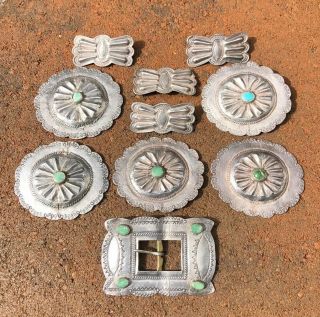 Early Old 1940s Pawn Navajo Coin Silver & Turquoise Ingot Stamped Concho Belt