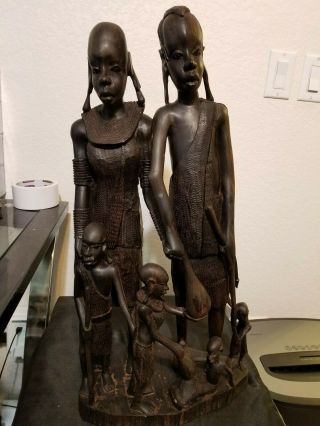 Kenya Africa Rare/htf Tribal Wood Statue (african Family - Hand Carved)