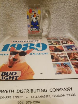 Budweiser Spuds Mackenzie Vintage 1987 Beer Mug Glass Cup And Calendar
