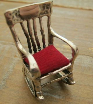 Miniature Antique Style Sterling Silver Rocking Chair Pin Cushion Red Velvet