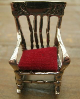 Miniature Antique Style Sterling Silver Rocking Chair Pin Cushion Red Velvet 2
