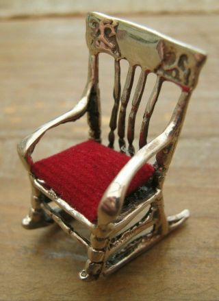 Miniature Antique Style Sterling Silver Rocking Chair Pin Cushion Red Velvet 3