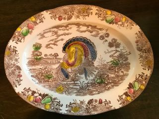 Trimont Ware Transferware Large Multi - Color Oval Turkey Serving Tray Platter