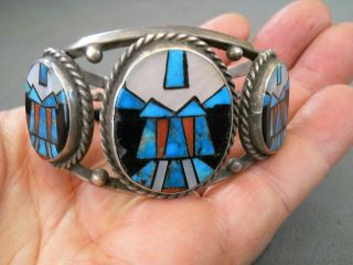 Old Native American Multi - Stone Mosaic Inlay Row Sterling Silver Cuff Bracelet
