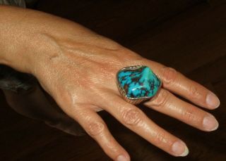 Vintage Early American Indian Navajo Old Pawn Silver Turquoise Ring 1.  9oz