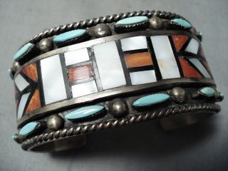 One Of Most Intricate Vintage Navajo Turquoise Sterling Silver Inlay Bracelet