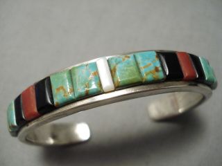Important Vintage Navajo Lenn Adakai Turquoise Coral Sterling Silver Bracelet