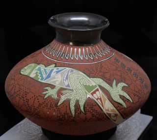 Mata Ortiz Pottery Iguana Lizard Hand Made Native Design Bright Colors See Video