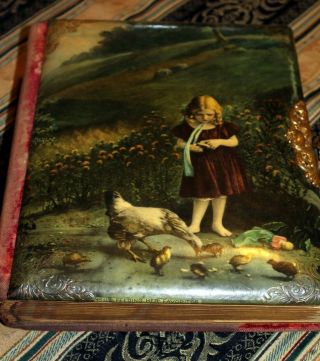 Antique Celluloid Victorian Photo Album Girl Feeding Chickens