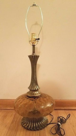 Vintage Mid Century Modern Amber Glass Table Lamp 1970s Brass Base Thumbprint